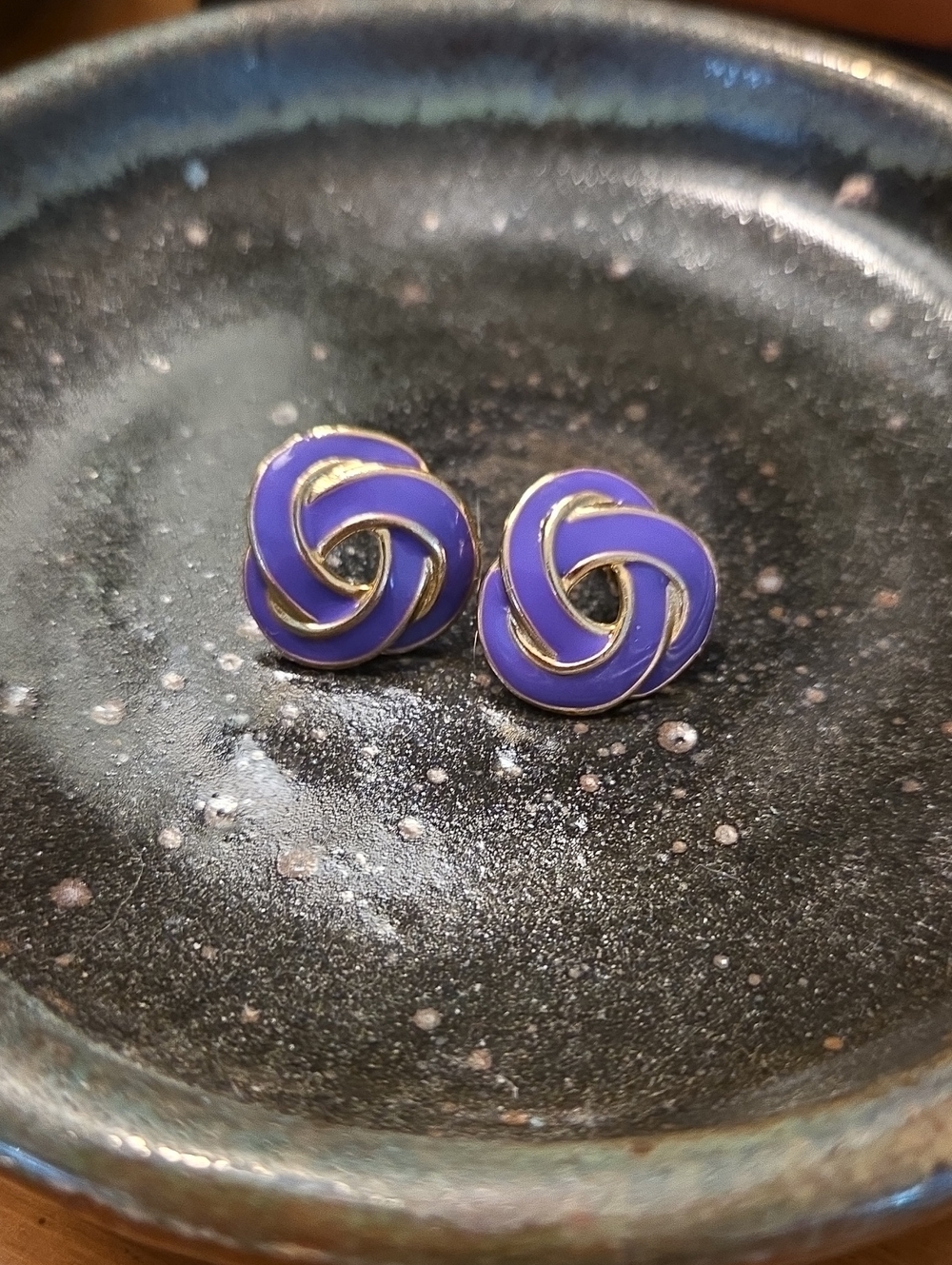 Vintage Purple Enamel Knot Stud Earrings with Gold Accents - Picture 1 of 2